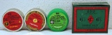 2 Partial, 1 Full, 1 Empty Vintage Tins 6 mm Flobert Cartridges - Full Green Plastic, Round Red Tins