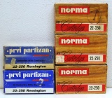 Mixed Lot .22-250 Remington Cartridges - 30 Rounds PRVI Partizan and 8 Fired Brass, 7 Rounds Norma