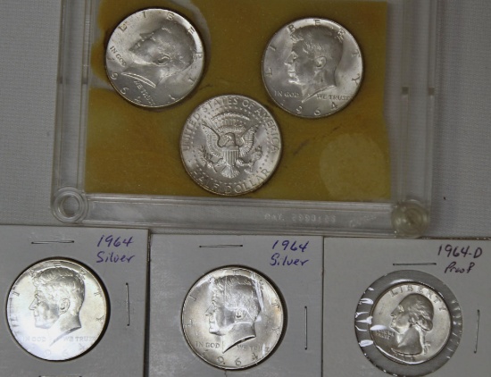 5 1964 Kennedy Half Dollars and 1964D Proof Quarter
