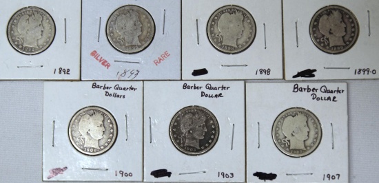 7 Mixed Date Barber Quarters 1892, 1893, 1898, 1899O, 1900, 1903, 1907