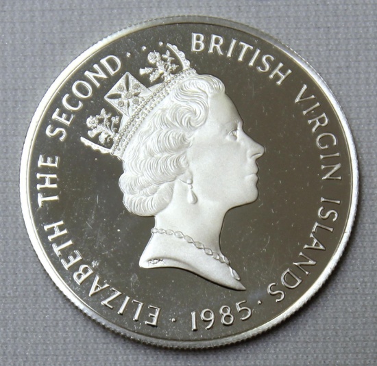 1985 British Virgin Islands $20 Silver Coin, Part of The Treasure Coins of the Caribbean Set