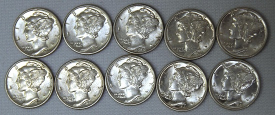 10 Mercury Dimes - 3 1942D, 6 1943D, 1943P