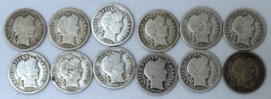 12 Mixed Date Barber Dimes - 1898, 1901, 1906, 1907, 1909, 1910, 1911, 1912, 1913, 1914D, 1915, 1916