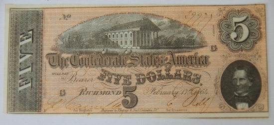 1864 Confederate States of America Richmond $5 Note