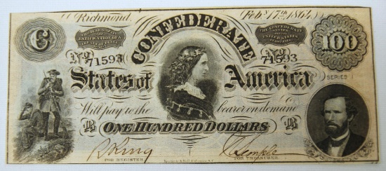 1864 Confederate States of America Richmond $100 Note