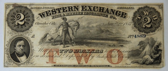 1857 Nebraska Western Exchange Fire & Marine Insurance Co. $2 Note