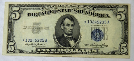 1953 Blue Seal $5 Silver Certificate Star Note