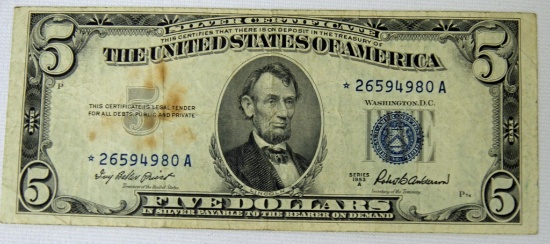 1953A $5 Blue Seal Silver Certificate Star Note