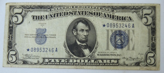 1934A Blue Seal $5 Silver Certificate Star Note