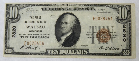 1929 $10 National Currency Note, The First National Bank of Wausau, Wisconsin