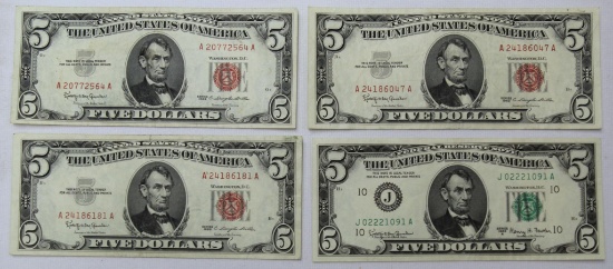 3 1963 Red Seal $5 United States Notes and 1963A Green Seal $5 Federal Reserve Note