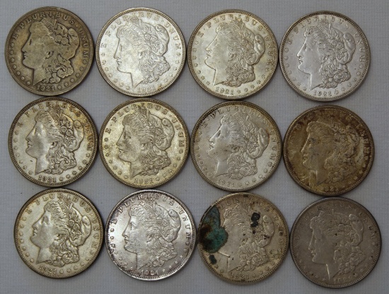 12 Mixed 1921 Morgan Silver Dollars