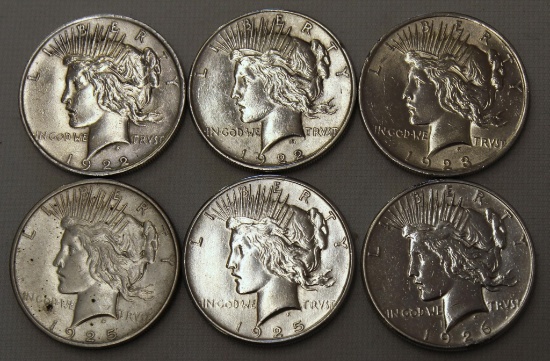 6 Mixed Date Peace Dollars - 2 1922, 1923, 2 1925, 1926, Some have cleaning