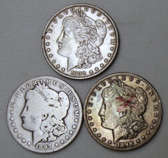 3 Mixed Date Morgan Dollars - 1890, 1897O, 1898S