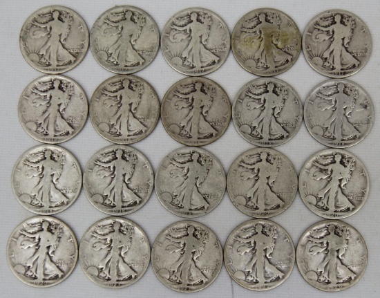 20 Mixed Date Walking Liberty Half Dollars - 1917D Obverse, 4 1917, 1918, 2 1918D, 5 1918S, 1920, 2