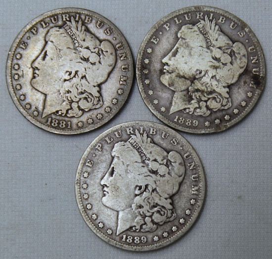 3 Circulated Morgan Dollars - 1881O, 2 1889O