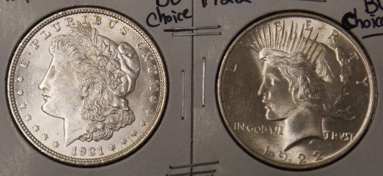 1921 Morgan Dollar and 1922 Peace Dollar