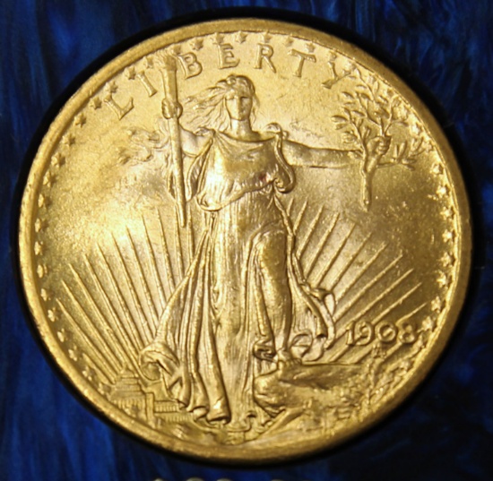 1908 No Motto St. Gaudens $20 Gold