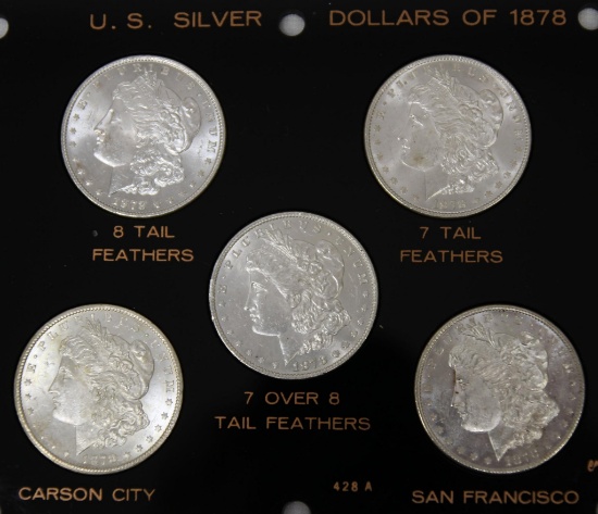 U.S. Silver Morgan Dollars of 1878 includes 8 Tail Feathers, 7 Tail Feathers, 7/8 Tail Feathers,