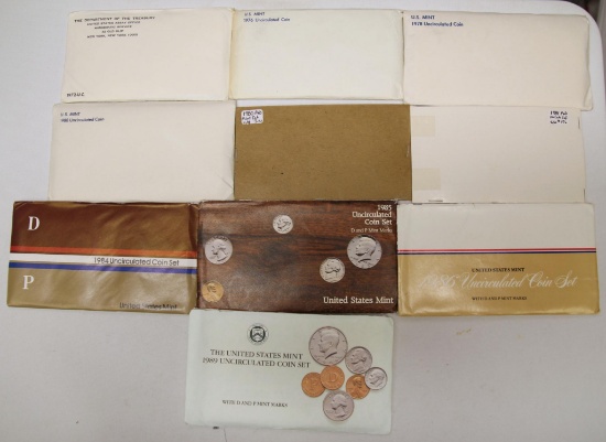 10 U.S. Mint Sets - 1972, 1976, 1978, 2 1980, 1981, 1984, 1985, 1986, 1989
