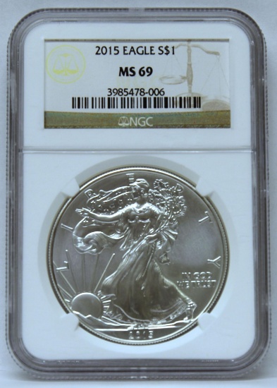 2015 Silver Eagle Slabbed NGC MS69 1 oz. .999 Fine Silver Bullion Coin