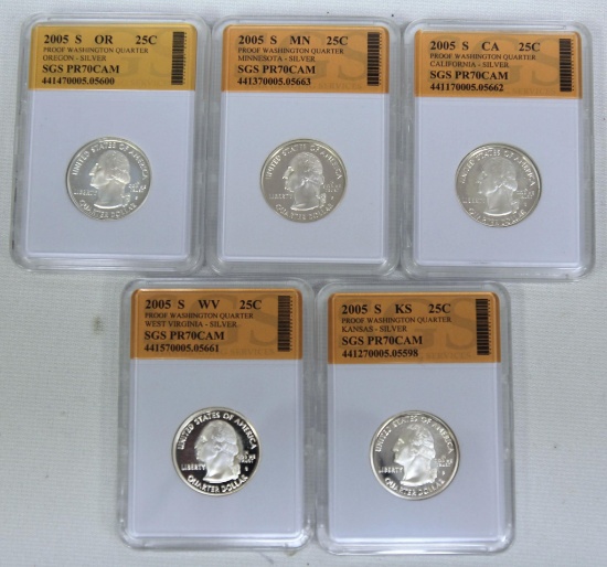 5 2005S State Quarter Silver Proofs SGS PR70 CAM - Minnesota, California, Oregon, Kansas, West