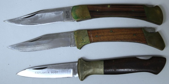 3 Folding Knives w/Leather Sheaths - G96, Pakistan, Edge Mark 11-338 Explorer Boot