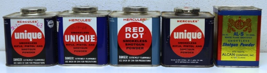 4 Hercules Powder Tins and Alcan Powder Tin, Contents will be emptied if shipped!