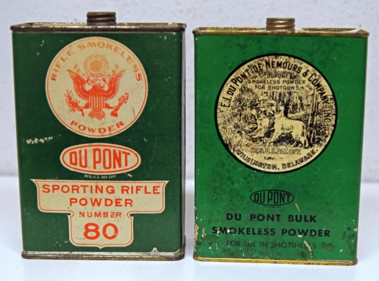 2 Different DuPont Powder Tins w/Paper Labels, Contents will be emptied if shipped!
