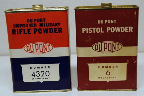 2 Different DuPont Powder Tins w/Paper Labels, Contents will be emptied if shipped!
