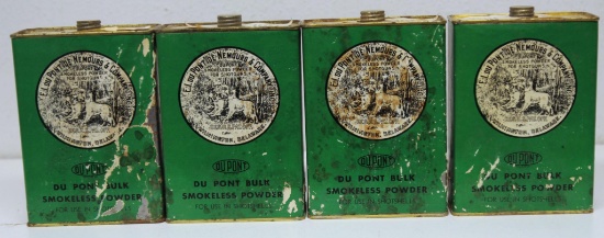 4 DuPont Smokeless Powder Tins w/Paper Labels, Contents will be emptied if shipped!