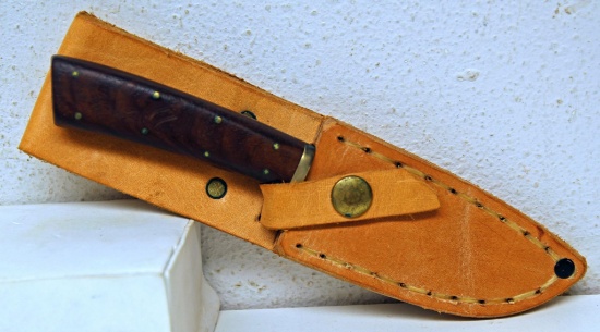 Custom Made Skinning Knife w/Leather Sheath, 8 Pin Handle, Initials J H on Blade, 4" Blade, 7 3/4"