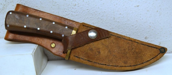 Custom Hunting Knife w/Leather Sheath, 8 Pin Handle, Initials J H on Blade, 5 1/4" Blade, 9 3/4"