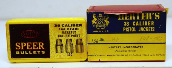 Full Box 100 Speer .38 Cal. 145 gr. JHP Bullets, Box 108 .38 Cal. 156 gr. HP Bullets for Reloading