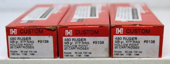 3 Full Boxes Hornady Reject .480 Ruger 325 gr. HP/XTP Mag Cartridges