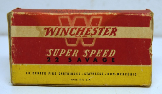Vintage Box Missing 1 Winchester Super Speed .22 Savage Cartridges, One End Flap Loose