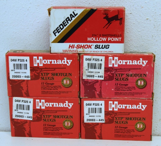 4 Full Boxes of 5 Hornady 12 Ga. 2 3/4" 1 oz. XTP Slug and 1 Full Box of 5 Federal 12 Ga. 2 3/4" 1