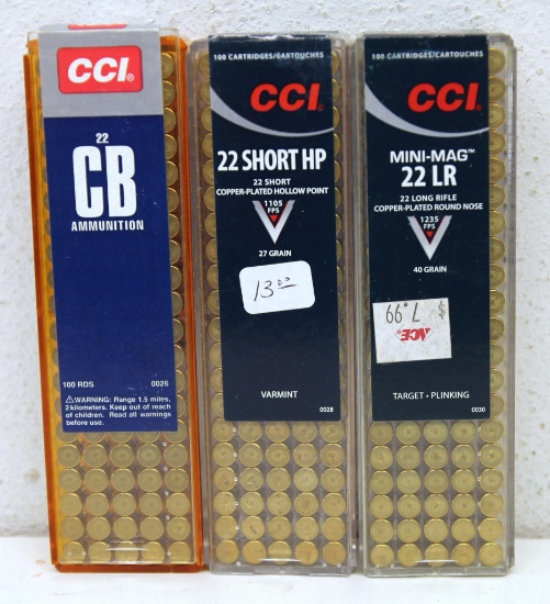 Full Box 100 CCI .22 CB Short, Full Box 100 CCI .22 Short HP, and Full Box 100 CCI .22 LR Cartridges