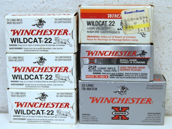 4 Full Boxes Winchester Wildcat .22 LR HP, Full Box Winchester Super-X .22 Long CB-Match, and Full