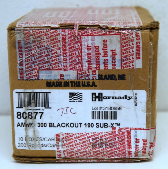 Full Case 10 Boxes (200) Hornady SubSonic .300 Blackout 190 gr. Sub-X Cartridges
