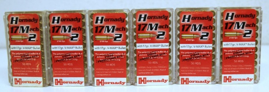 6 Full Boxes Hornady .17 Mach 2 17 gr. V-Max Cartridges