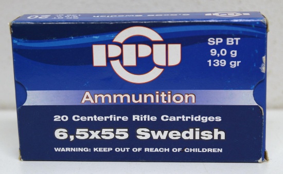 Full Box PPU 6,5x55 Swedish 139 gr. SPBT Cartridges