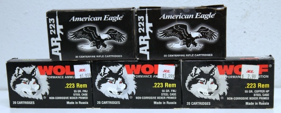 3 Full Boxes Wolf .223 Rem. 55 gr. FMJ and 2 Full Boxes American Eagle .223 Rem. 55 gr. FMJ