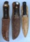 3 Hunting Knives with Leather Sheaths - Herter's Improved Bowie, Utica Solingen Germany, Utica