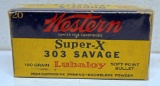 Full Vintage Box Western Super-X .303 Savage 190 gr. SP Cartridges - 1 End of Box has a Loose End