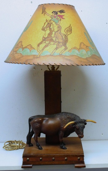 1950's Western Bull Lamp with Cowgirl Shade
