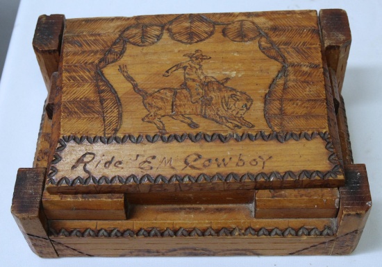 Cowboy Tramp Art Wooden Box, 8 1/2" x 6"