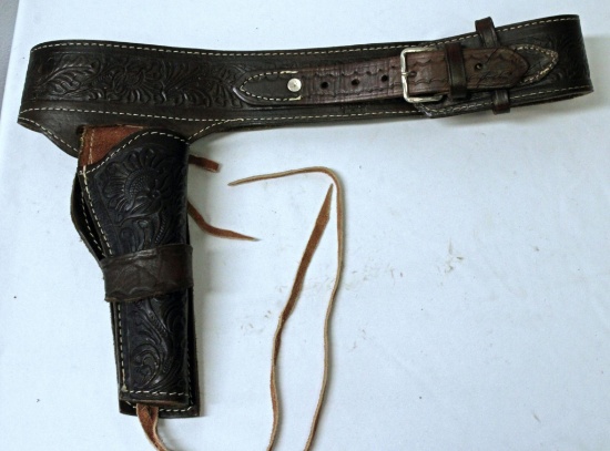 Nice Hand Tooled Leather Cowboy Cartridge Belt and Holster