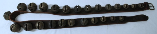 Large Set Brass Graduated Sleigh Bells on Leather Strap, 25 Bells, almost 6' Long
