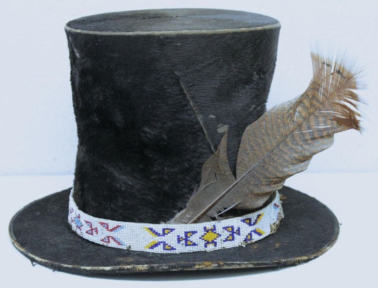 Old Indian Beaded Beaver Top Hat - White, Lawrence & Sutton New-York Up Stairs